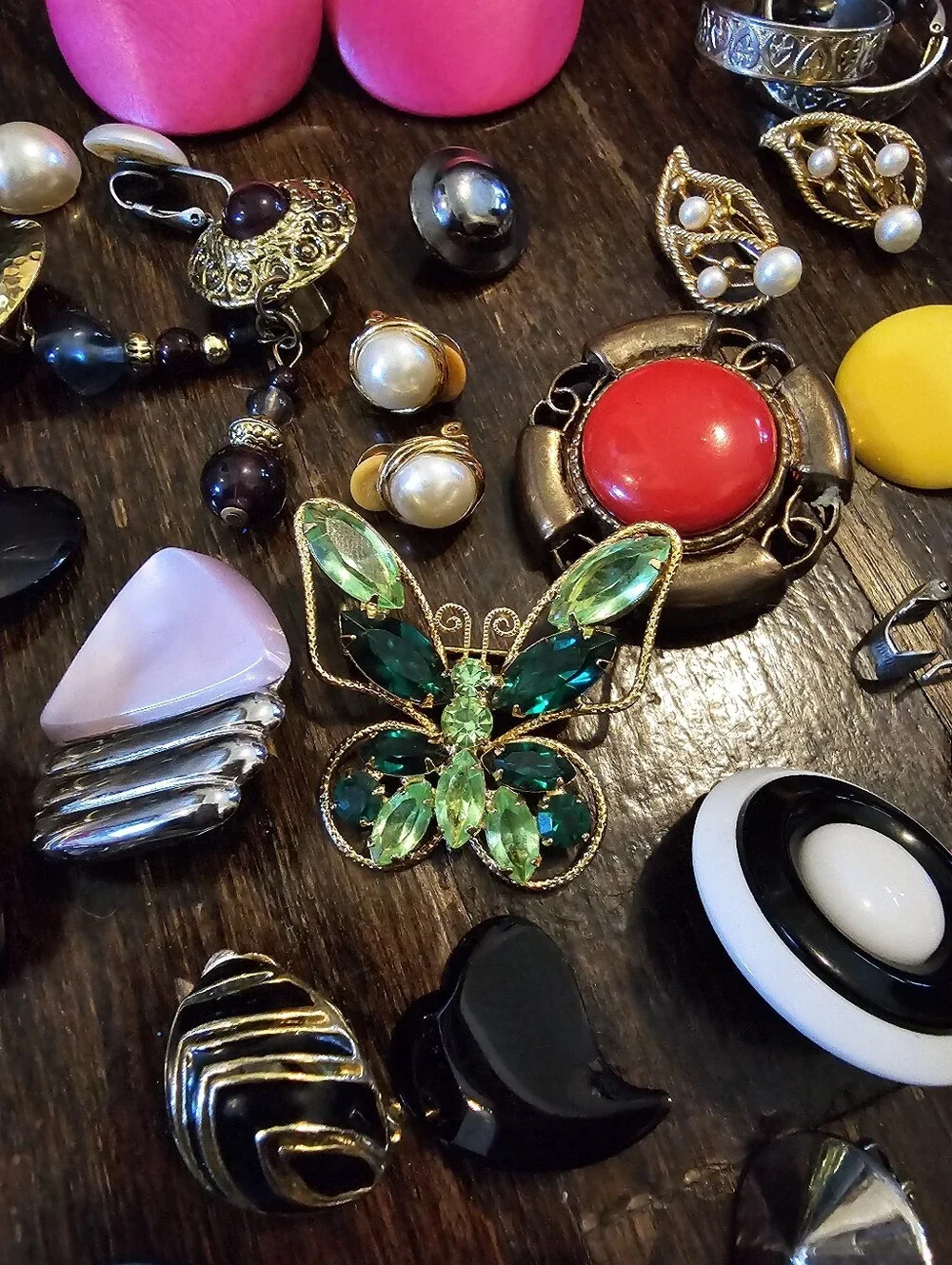 Mixed Vintage Clip-On Earrings And Brooches Lot - Bright Multi-Color